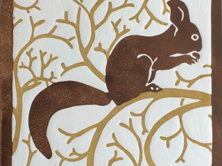 Squirrel- Two-Colour Reduction Linocut