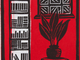 Bookcase in Red - Linocut incorporating Monoprint